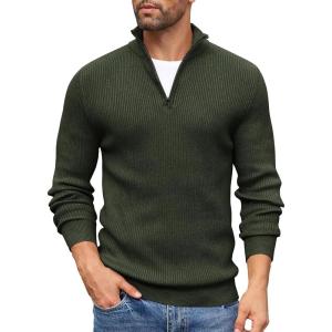 imageCOOFANDY Mens Quarter Zip Sweaters Slim Fit Mock Neck Pullover Sweaters Lightweight Knitted Polo SweaterDeep Green