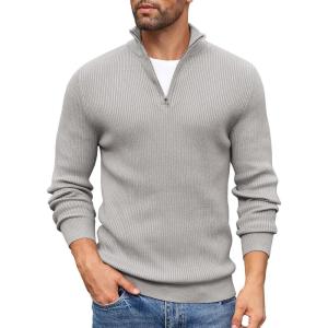 imageCOOFANDY Mens Quarter Zip Sweaters Slim Fit Mock Neck Pullover Sweaters Lightweight Knitted Polo SweaterLight Grey