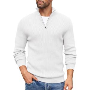 imageCOOFANDY Mens Quarter Zip Sweaters Slim Fit Mock Neck Pullover Sweaters Lightweight Knitted Polo SweaterWhite