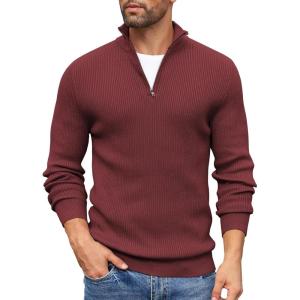 imageCOOFANDY Mens Quarter Zip Sweaters Slim Fit Mock Neck Pullover Sweaters Lightweight Knitted Polo SweaterWine Red