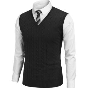 imageCOOFANDY Mens Sweater Vest Cable Knitted V Neck Slim Fit Sleeveless Pullover SweaterBlack