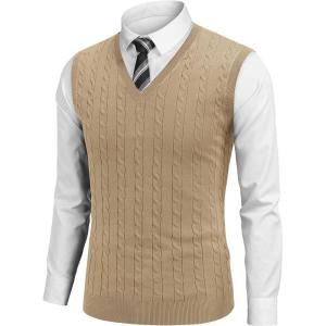 imageCOOFANDY Mens Sweater Vest Cable Knitted V Neck Slim Fit Sleeveless Pullover SweaterKhaki