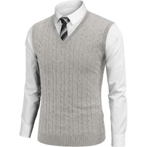 imageCOOFANDY Mens Sweater Vest Cable Knitted V Neck Slim Fit Sleeveless Pullover SweaterLight Grey