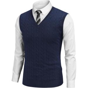 imageCOOFANDY Mens Sweater Vest Cable Knitted V Neck Slim Fit Sleeveless Pullover SweaterNavy Blue