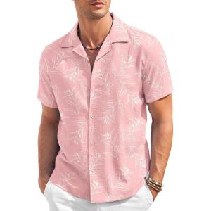 imageCOOFANDY Mens Casual Button Down Shirt Short Sleeve Textured Summer Cuban Beach ShirtsFloralpink