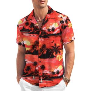 imageCOOFANDY Mens Casual Button Down Shirt Short Sleeve Textured Summer Cuban Beach ShirtsIsland Sunsetred