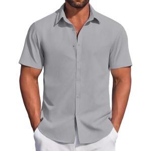 imageCOOFANDY Mens Casual Dress Shirt Short Sleeve Button Down Shirts Summer Wedding Untucked ShirtConcrete Gray