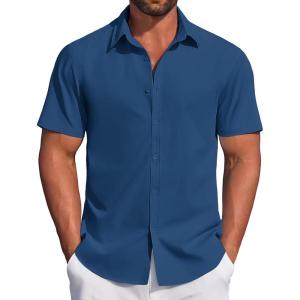 imageCOOFANDY Mens Casual Dress Shirt Short Sleeve Button Down Shirts Summer Wedding Untucked ShirtSapphire Blue
