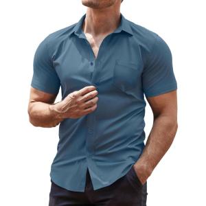 imageCOOFANDY Mens Dress Shirt Short Sleeve Button Down Shirts with PocketGrey Blue