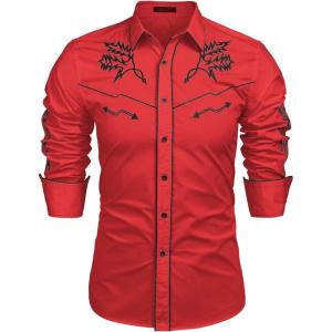 imageCOOFANDY Mens Western Cowboy Shirt Embroidered Button Down Long Sleeve ShirtsRed