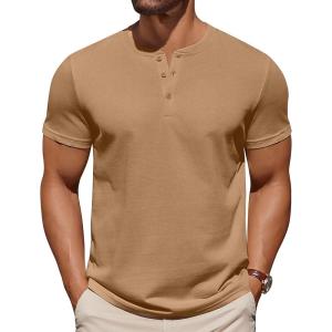 imageCOOFANDY Mens Cotton Henley TShirts Short Sleeve Button Casual Basic Tees Work Shirts with Split SideLight Brown