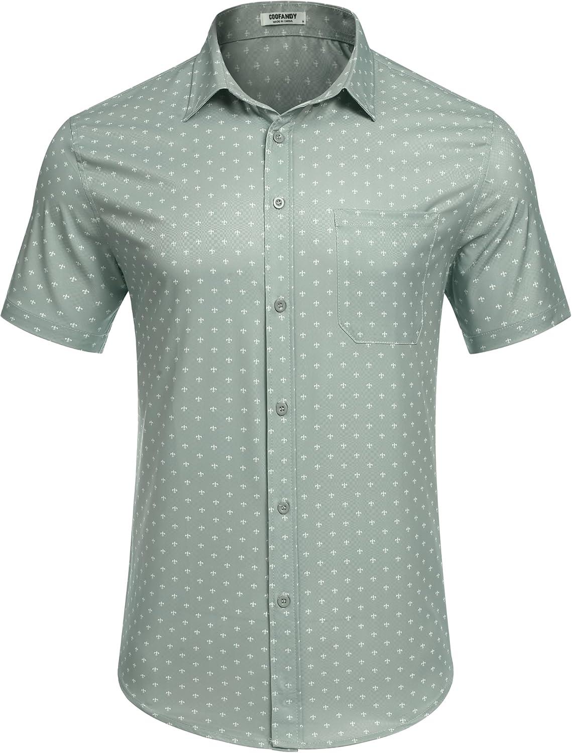 imageCOOFANDY Mens Casual Dress Shirt Short Sleeve Wrinkle Free Dress Shirt Business Casual ShirtsLight Green Print