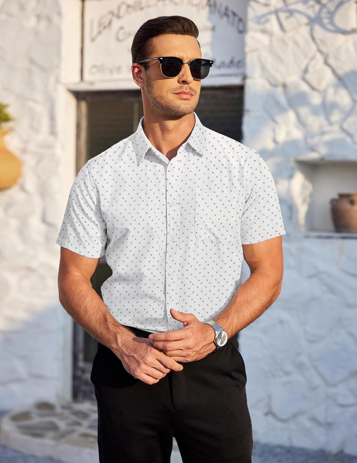 imageCOOFANDY Mens Casual Dress Shirt Short Sleeve Wrinkle Free Dress Shirt Business Casual ShirtsWhite Print