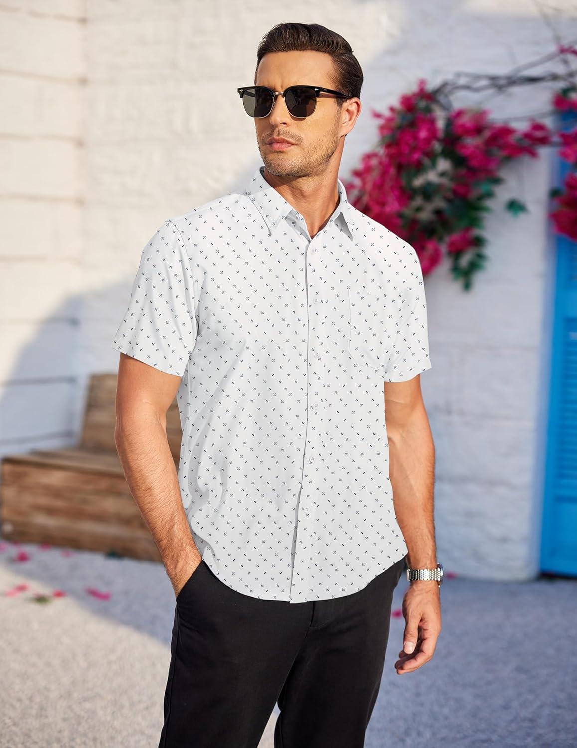 imageCOOFANDY Mens Casual Dress Shirt Short Sleeve Wrinkle Free Dress Shirt Business Casual ShirtsWhite Print