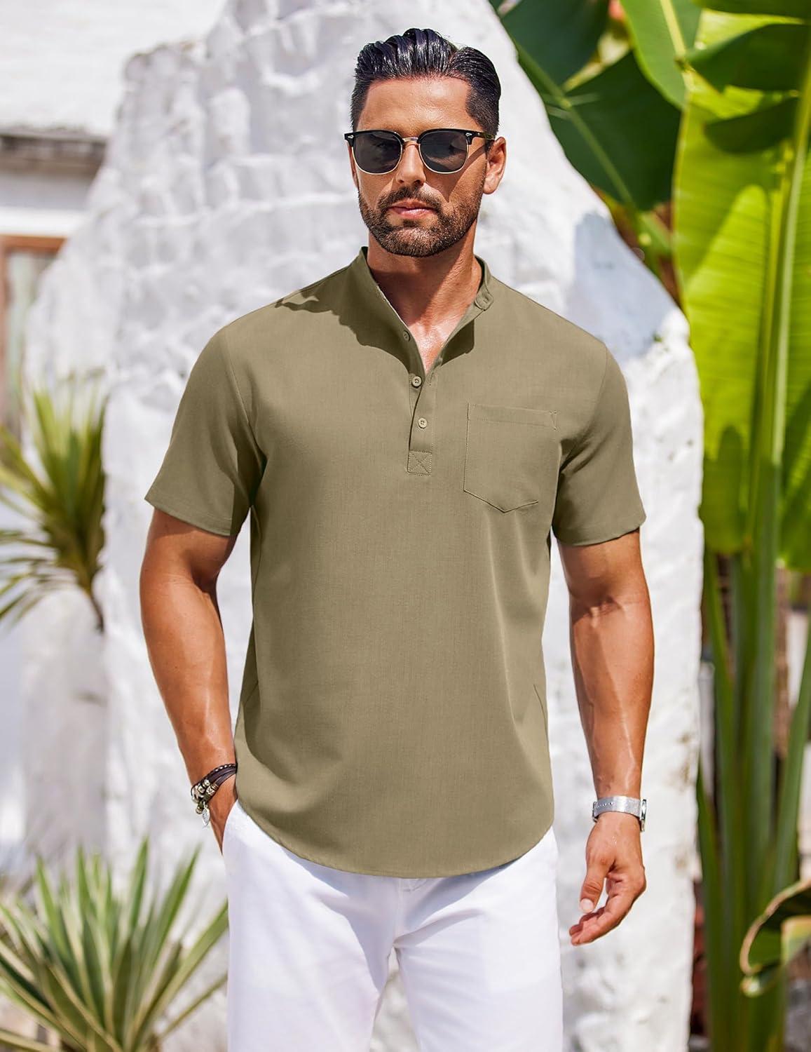 imageCOOFANDY Mens Casual Henley Shirts Band Collar Short Sleeve TShirts Summer Stylish Beach Hippie ShirtArmy Green