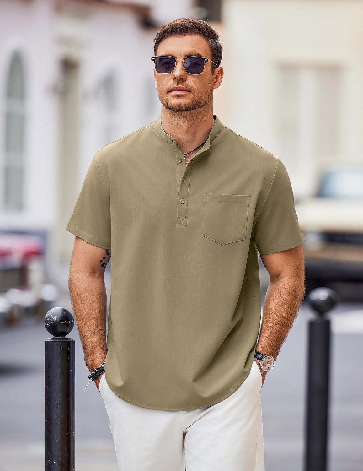 imageCOOFANDY Mens Casual Henley Shirts Band Collar Short Sleeve TShirts Summer Stylish Beach Hippie ShirtArmy Green