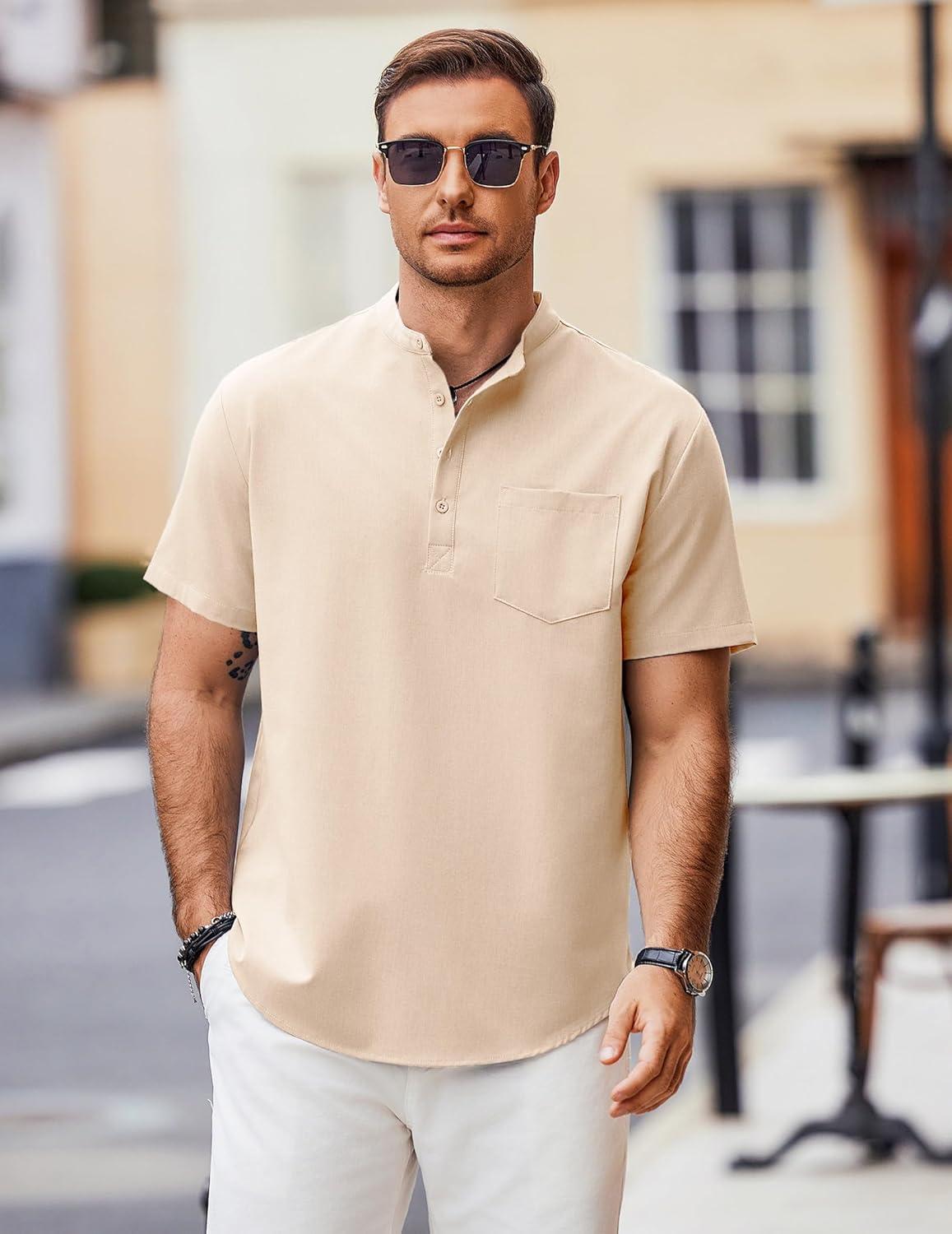 imageCOOFANDY Mens Casual Henley Shirts Band Collar Short Sleeve TShirts Summer Stylish Beach Hippie ShirtBeige