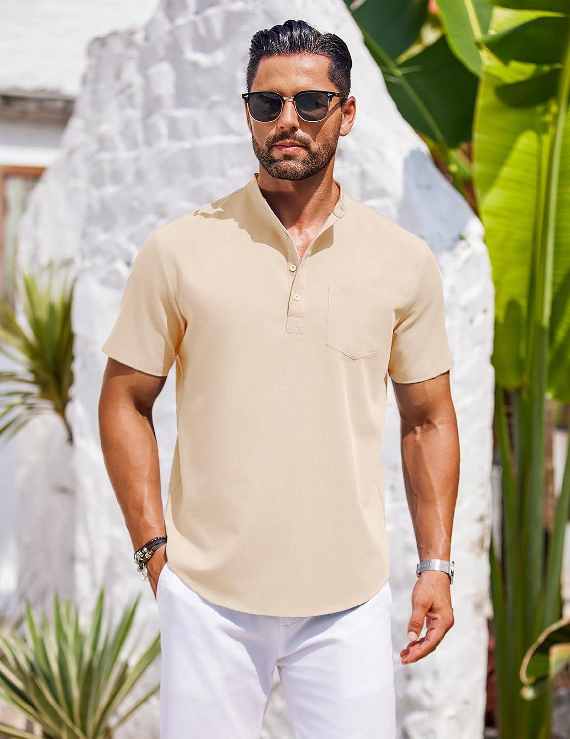 imageCOOFANDY Mens Casual Henley Shirts Band Collar Short Sleeve TShirts Summer Stylish Beach Hippie ShirtBeige