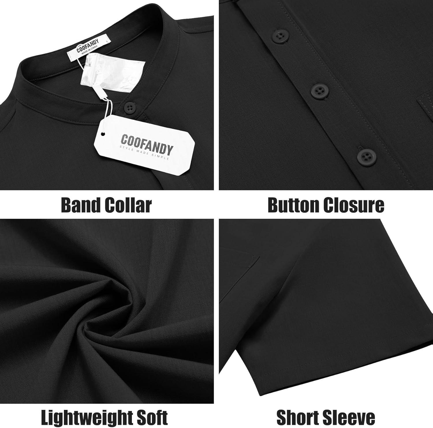 imageCOOFANDY Mens Casual Henley Shirts Band Collar Short Sleeve TShirts Summer Stylish Beach Hippie ShirtBlack