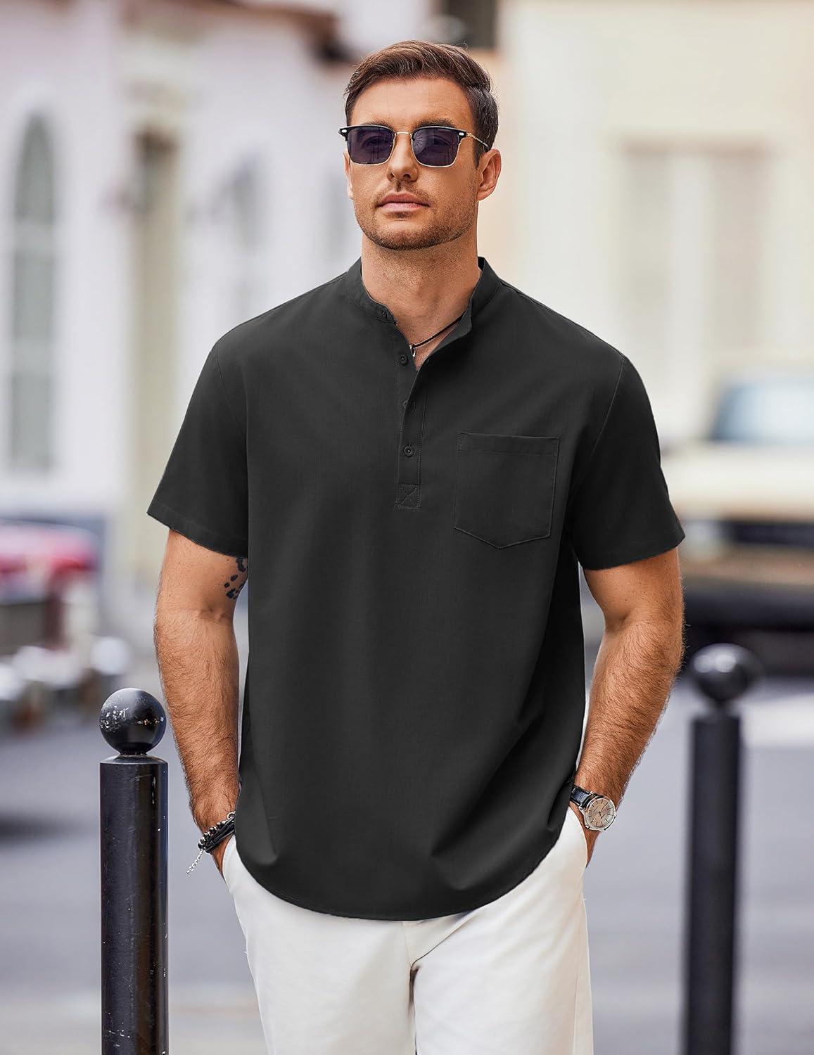 imageCOOFANDY Mens Casual Henley Shirts Band Collar Short Sleeve TShirts Summer Stylish Beach Hippie ShirtBlack