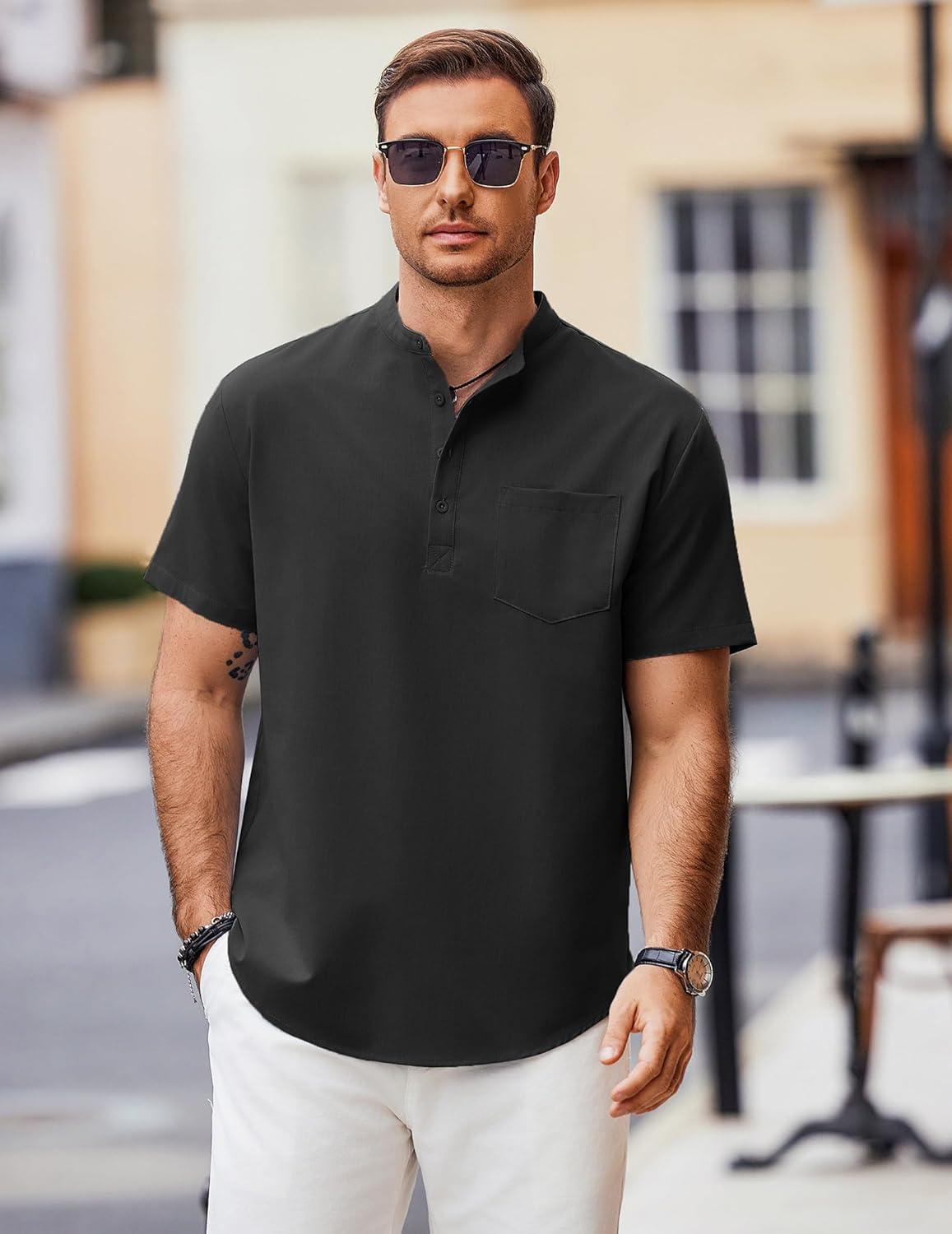 imageCOOFANDY Mens Casual Henley Shirts Band Collar Short Sleeve TShirts Summer Stylish Beach Hippie ShirtBlack