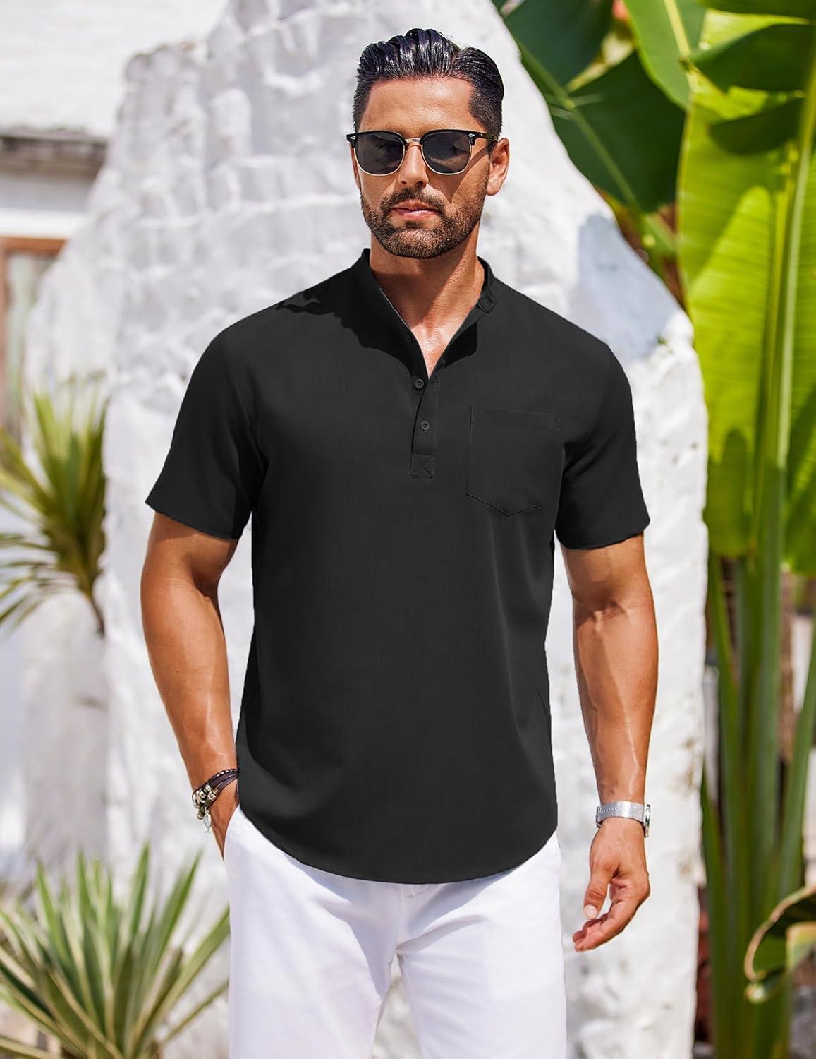 imageCOOFANDY Mens Casual Henley Shirts Band Collar Short Sleeve TShirts Summer Stylish Beach Hippie ShirtBlack