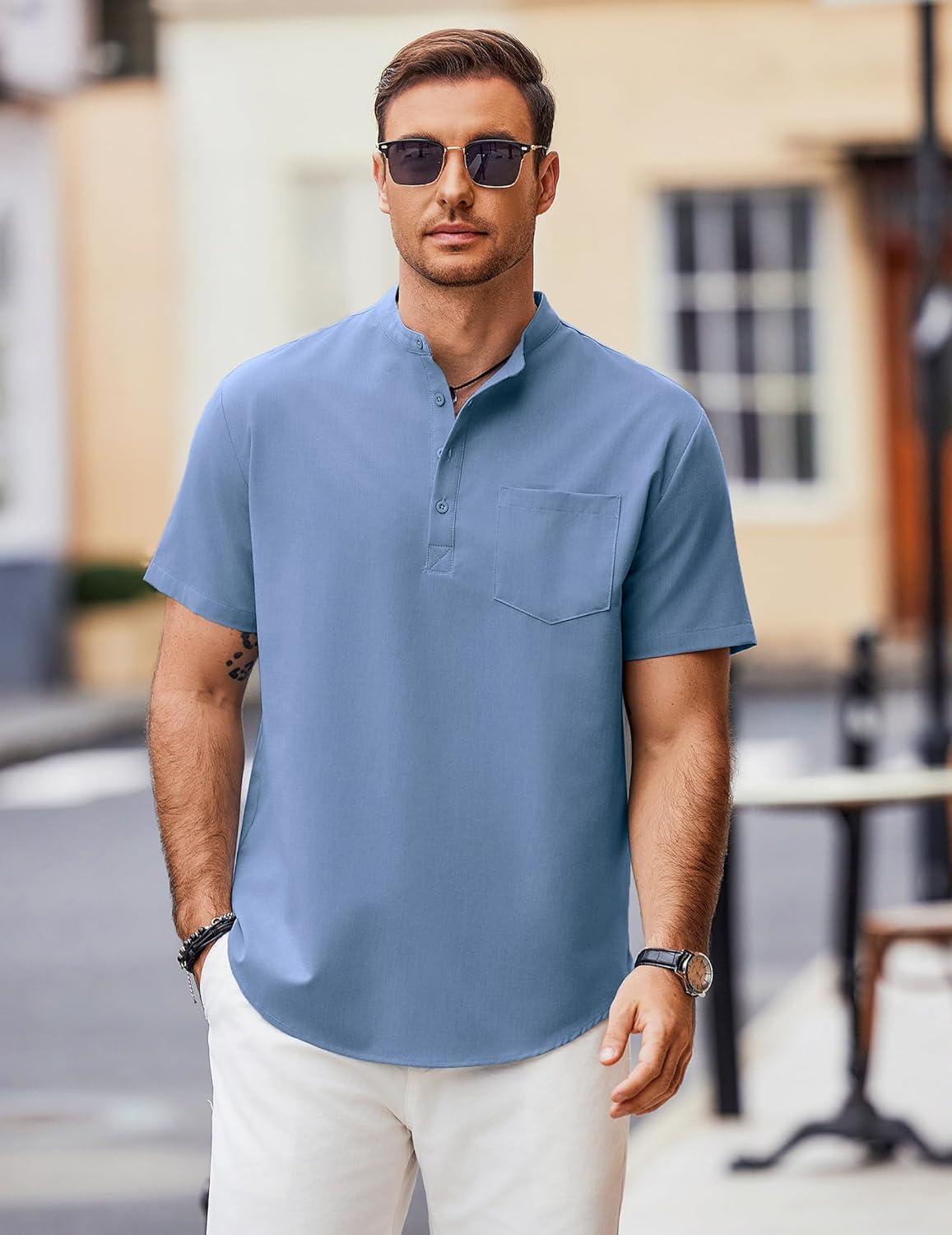 imageCOOFANDY Mens Casual Henley Shirts Band Collar Short Sleeve TShirts Summer Stylish Beach Hippie ShirtBlue