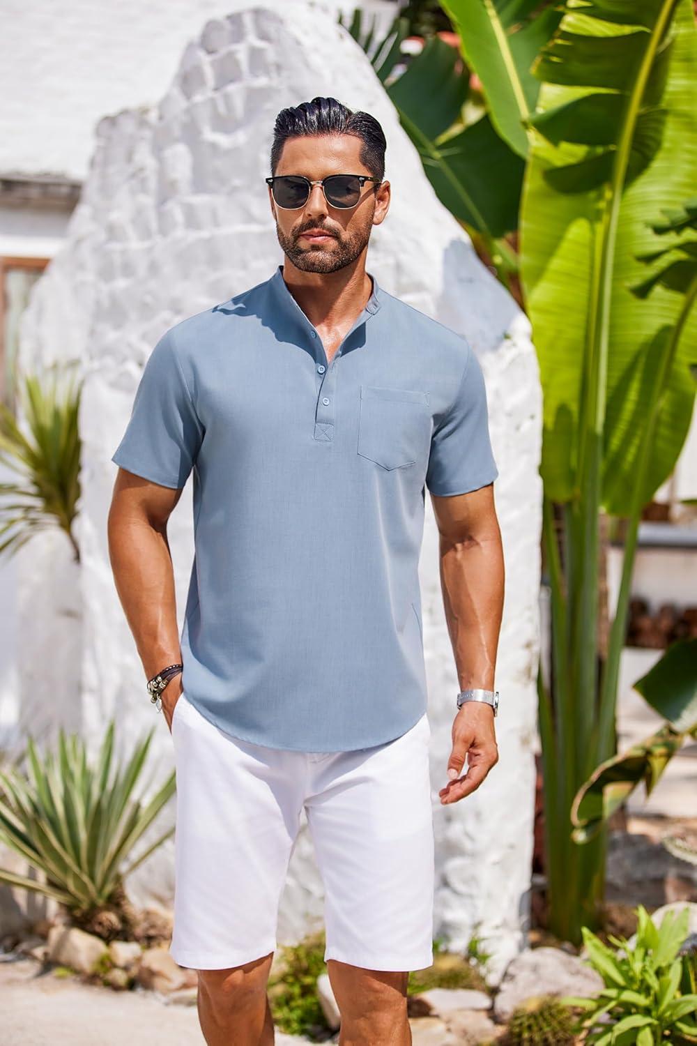 imageCOOFANDY Mens Casual Henley Shirts Band Collar Short Sleeve TShirts Summer Stylish Beach Hippie ShirtLight Blue