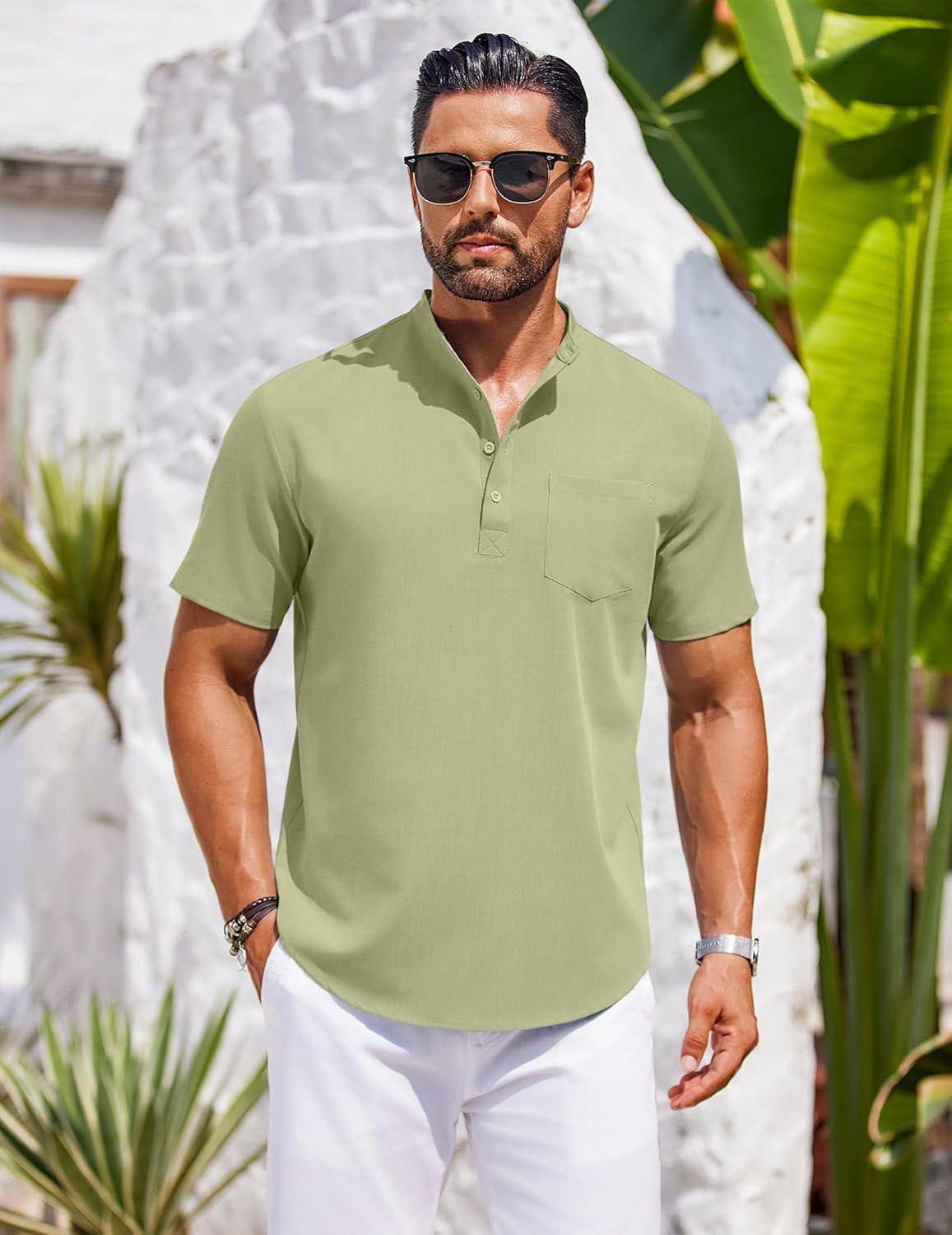 imageCOOFANDY Mens Casual Henley Shirts Band Collar Short Sleeve TShirts Summer Stylish Beach Hippie ShirtLight Green