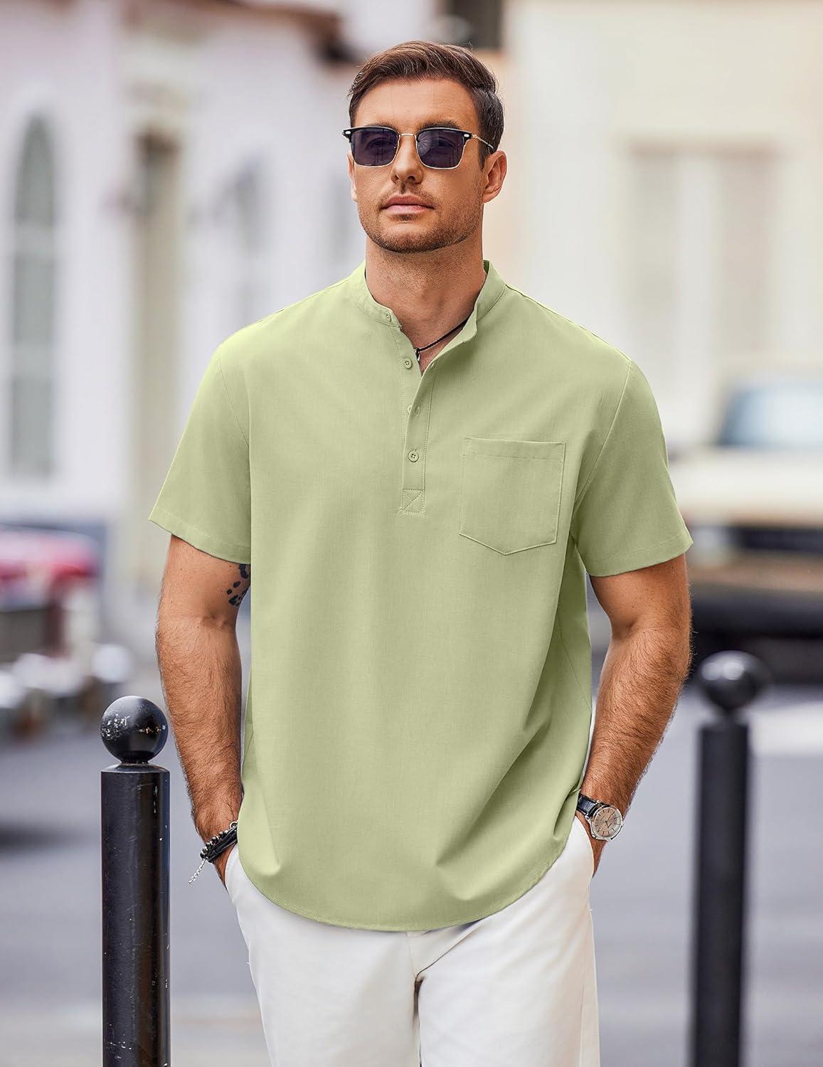 imageCOOFANDY Mens Casual Henley Shirts Band Collar Short Sleeve TShirts Summer Stylish Beach Hippie ShirtLight Green