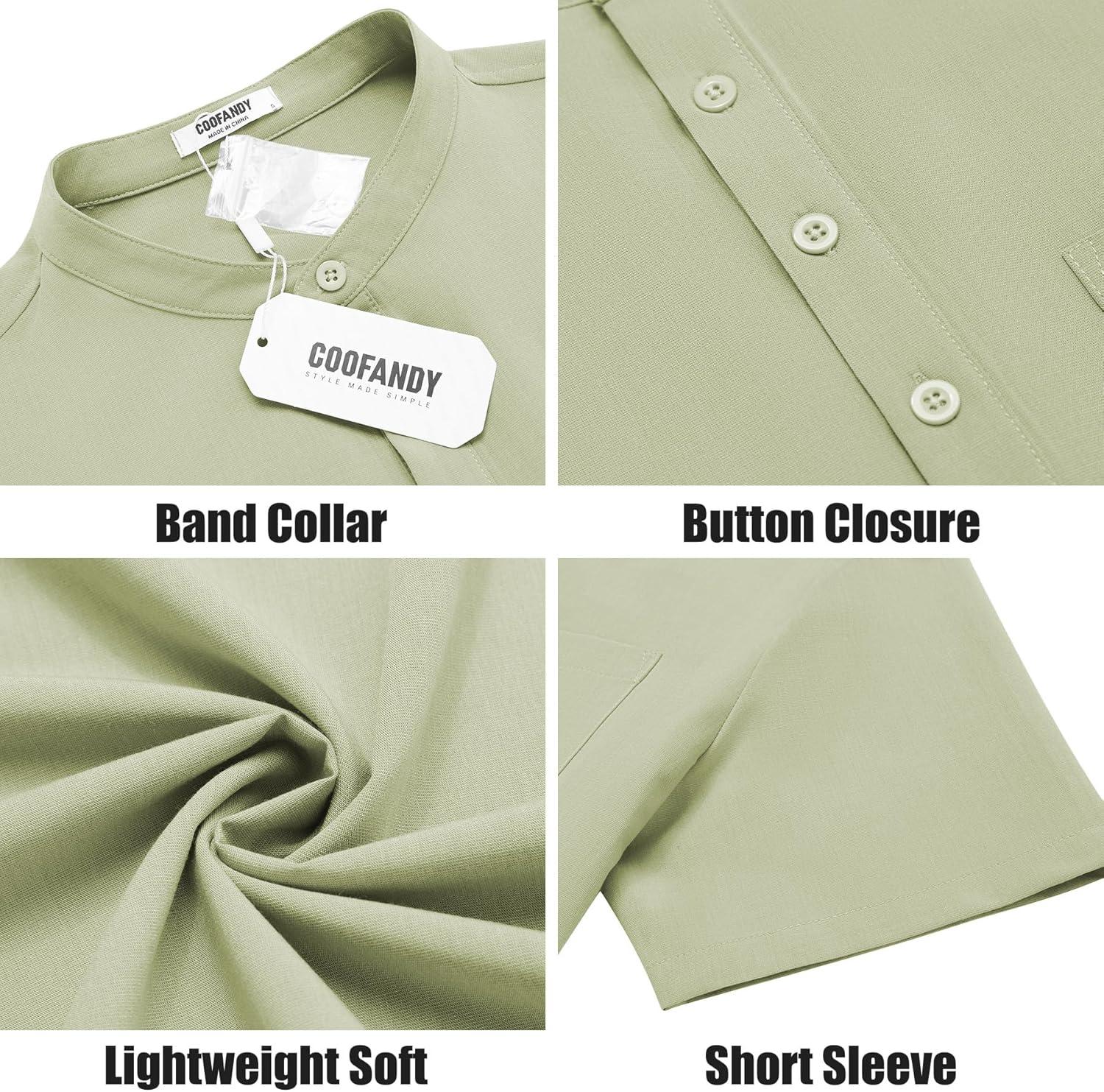 imageCOOFANDY Mens Casual Henley Shirts Band Collar Short Sleeve TShirts Summer Stylish Beach Hippie ShirtLight Green