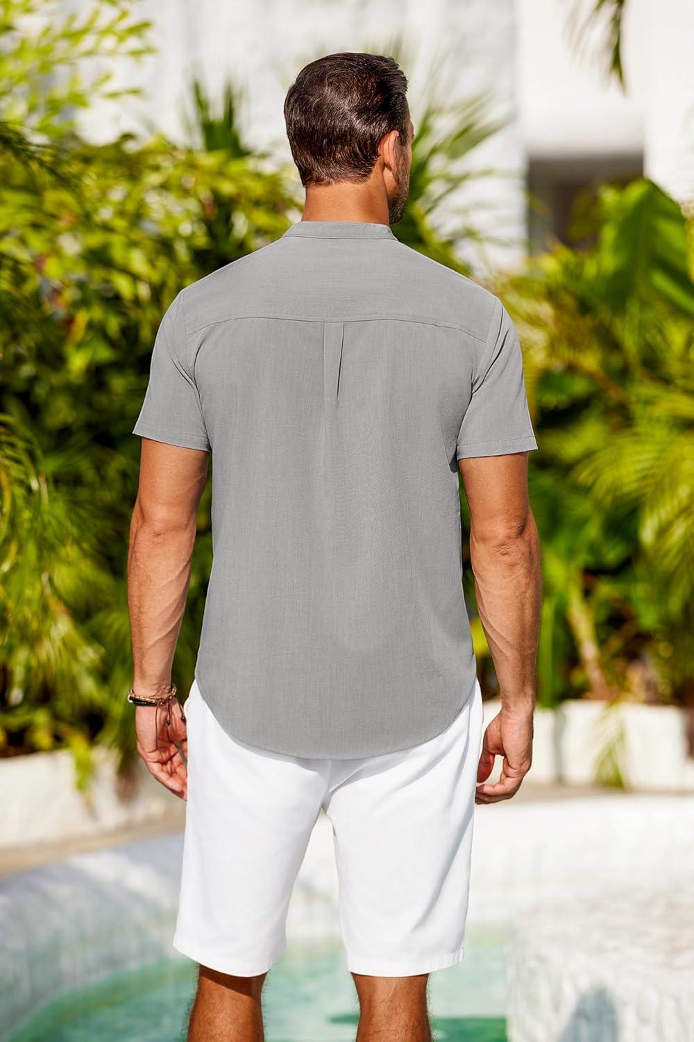 imageCOOFANDY Mens Casual Henley Shirts Band Collar Short Sleeve TShirts Summer Stylish Beach Hippie ShirtLight Grey