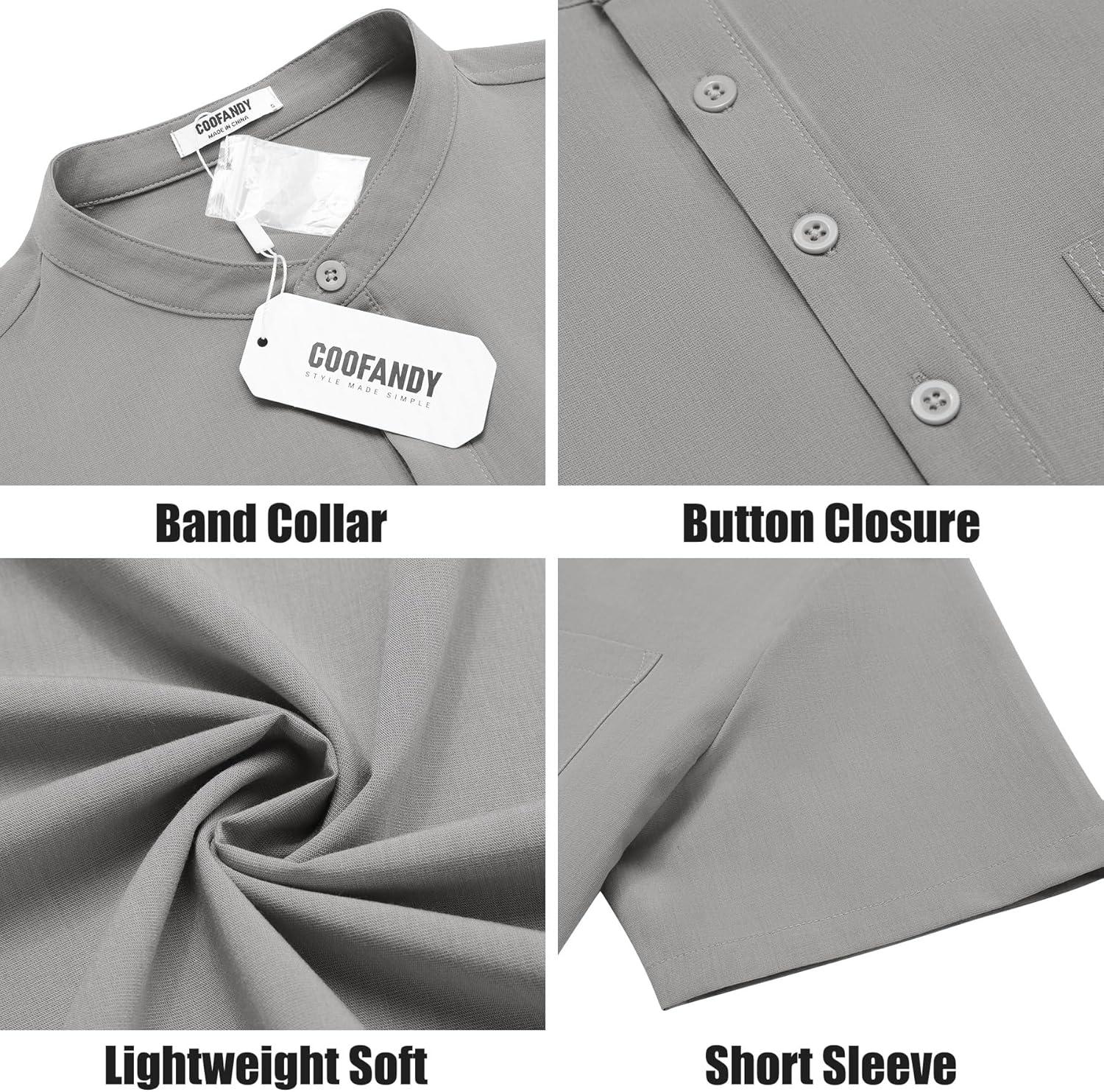 imageCOOFANDY Mens Casual Henley Shirts Band Collar Short Sleeve TShirts Summer Stylish Beach Hippie ShirtLight Grey