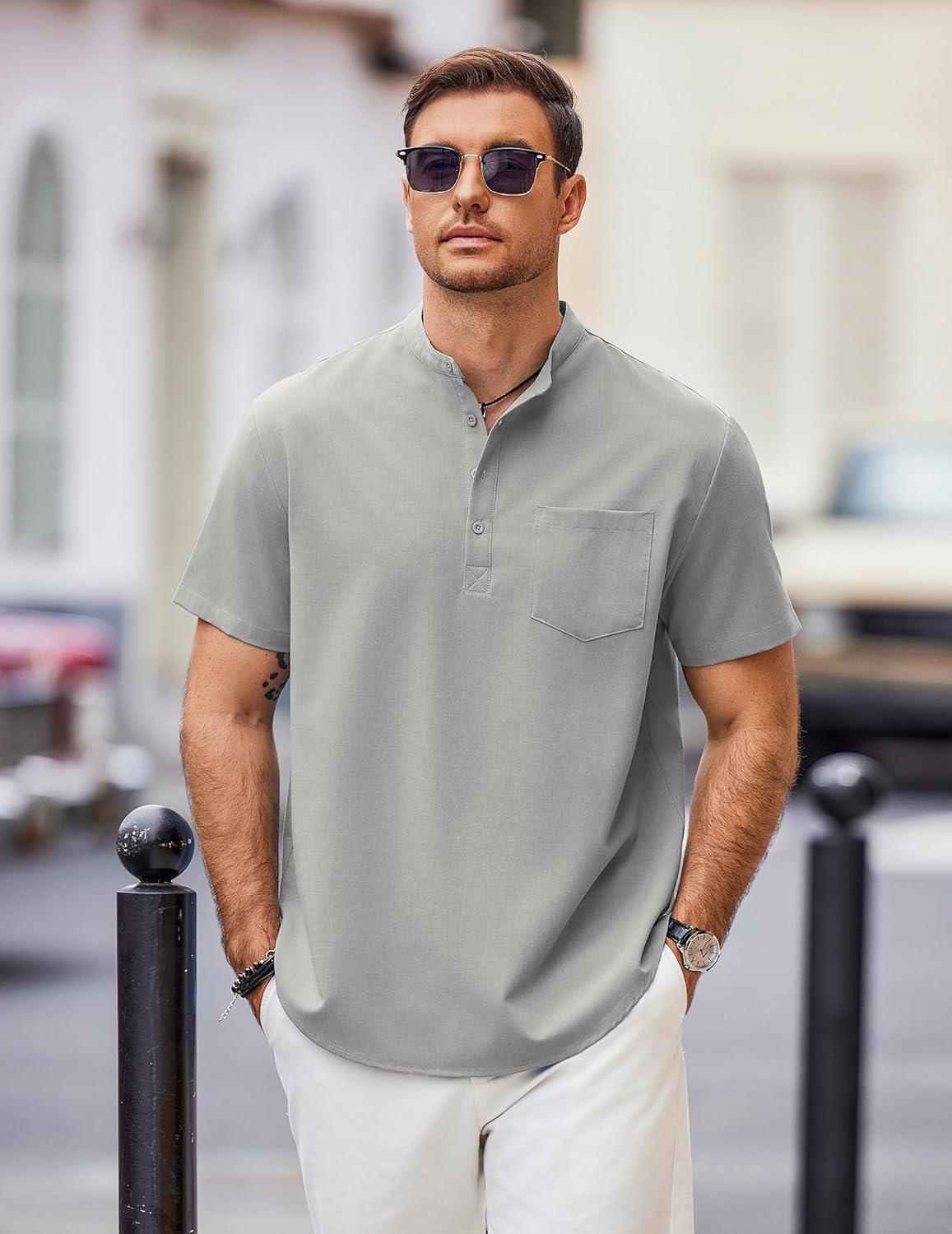 imageCOOFANDY Mens Casual Henley Shirts Band Collar Short Sleeve TShirts Summer Stylish Beach Hippie ShirtLight Grey