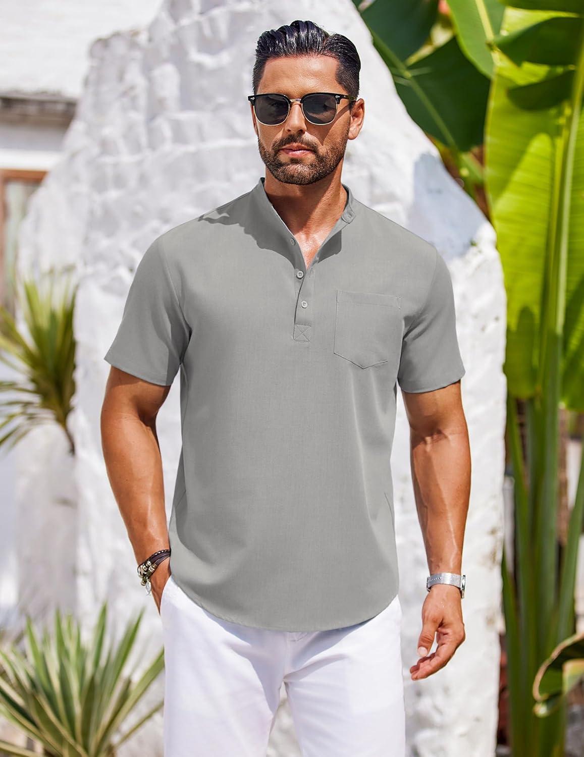 imageCOOFANDY Mens Casual Henley Shirts Band Collar Short Sleeve TShirts Summer Stylish Beach Hippie ShirtLight Grey
