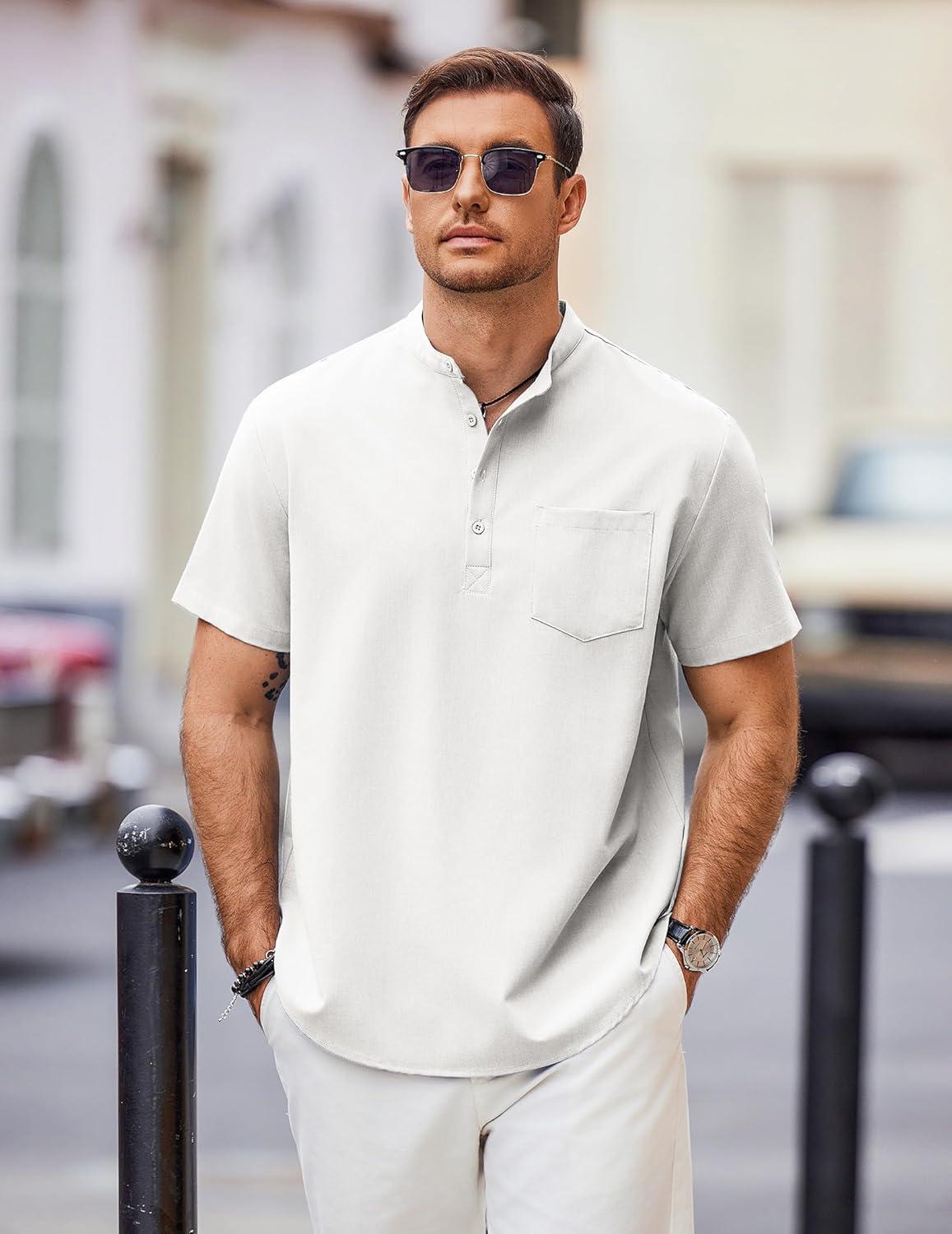 imageCOOFANDY Mens Casual Henley Shirts Band Collar Short Sleeve TShirts Summer Stylish Beach Hippie ShirtWhite
