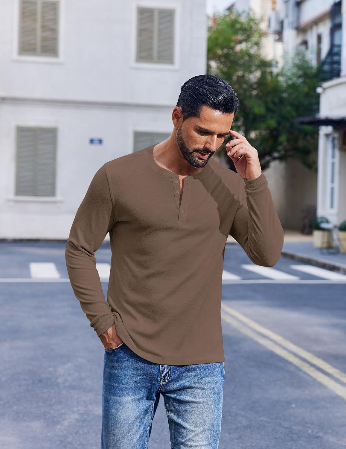 imageCOOFANDY Mens Henley Shirts Long Sleeve Lightweight Buttons TShirts Casual Basic Pullover TopBrown
