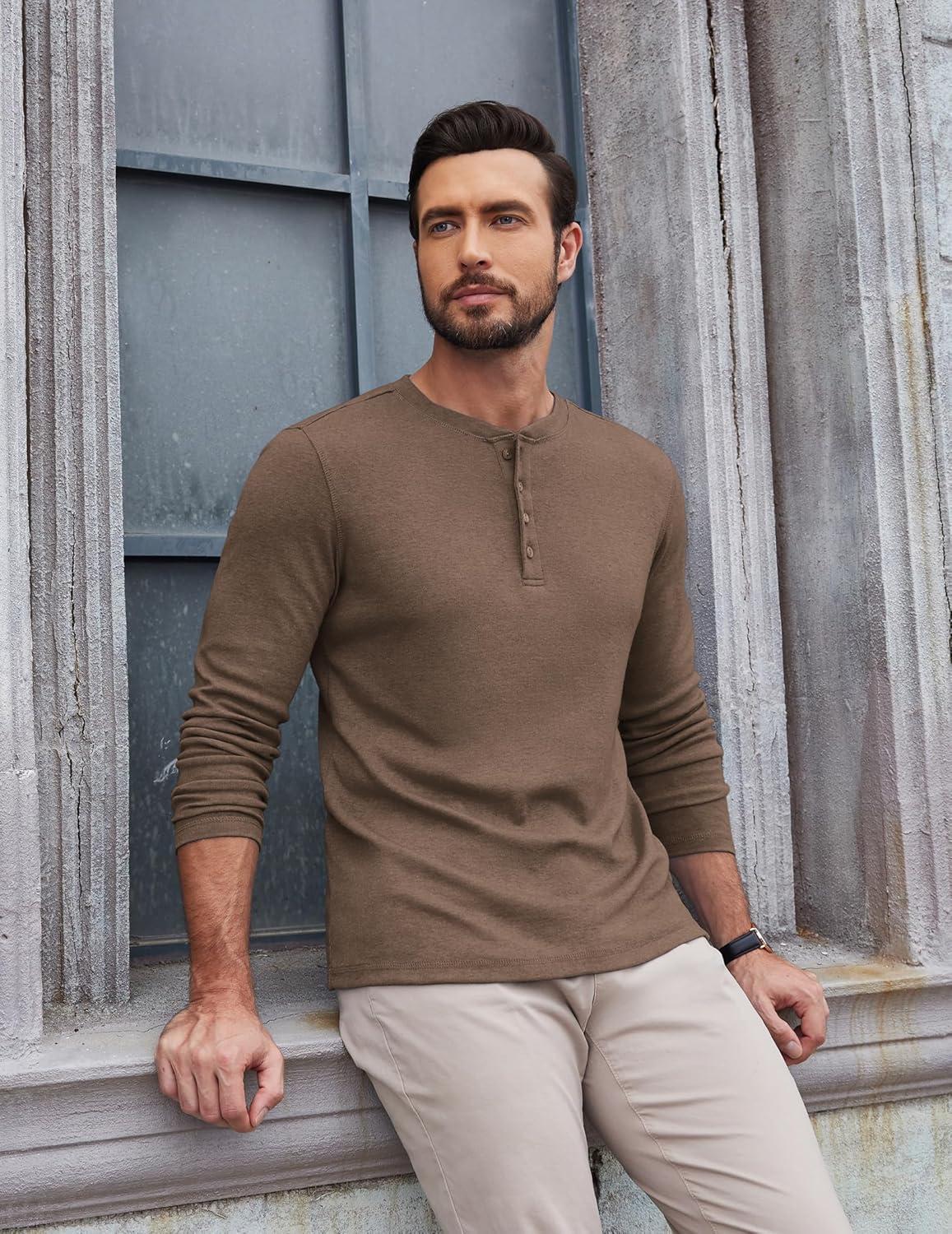 imageCOOFANDY Mens Henley Shirts Long Sleeve Lightweight Buttons TShirts Casual Basic Pullover TopBrown
