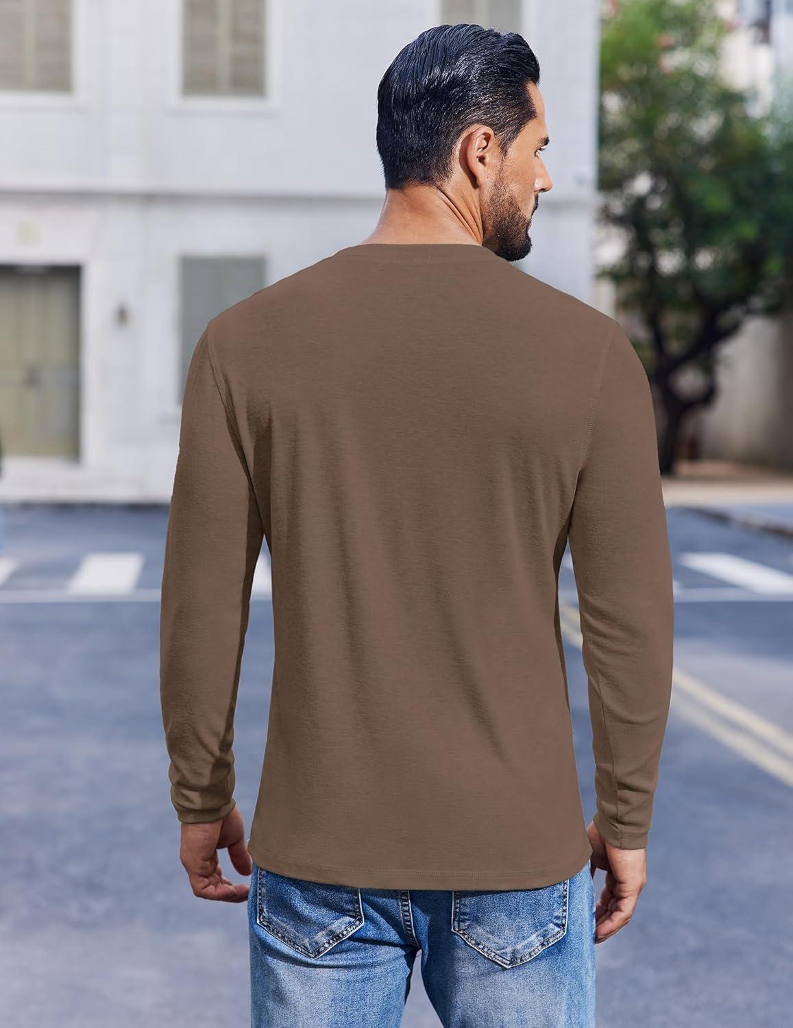 imageCOOFANDY Mens Henley Shirts Long Sleeve Lightweight Buttons TShirts Casual Basic Pullover TopBrown