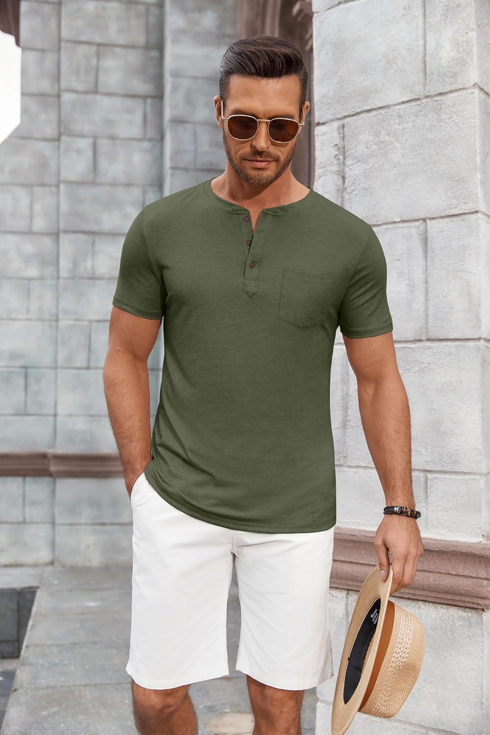 imageCOOFANDY Mens Short Sleeve Henley TShirtArmy Green