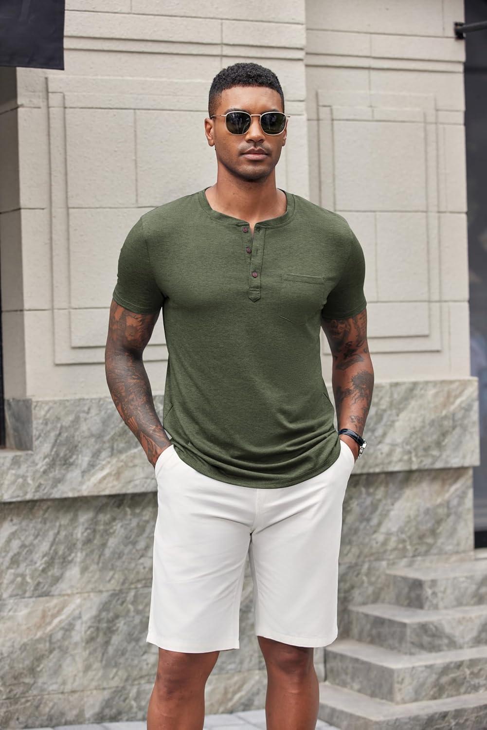 imageCOOFANDY Mens Short Sleeve Henley TShirtArmy Green