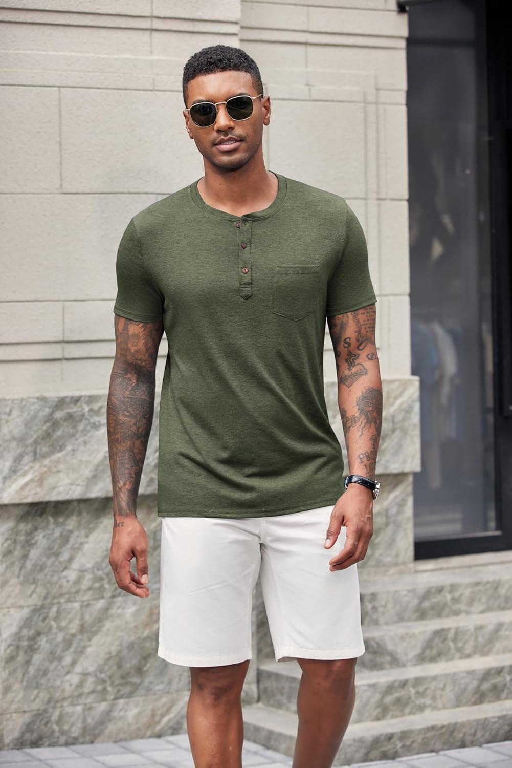 imageCOOFANDY Mens Short Sleeve Henley TShirtArmy Green