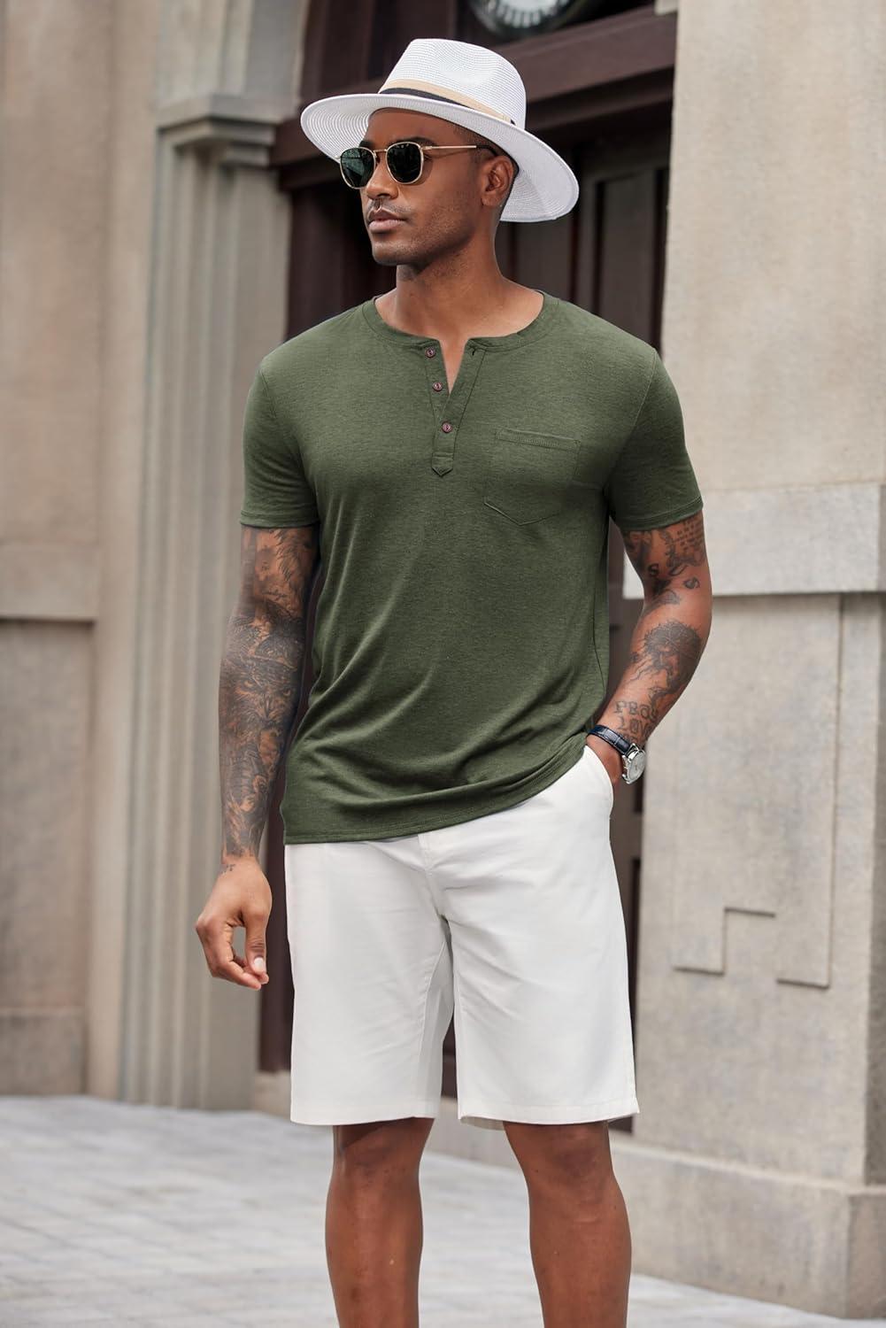 imageCOOFANDY Mens Short Sleeve Henley TShirtArmy Green