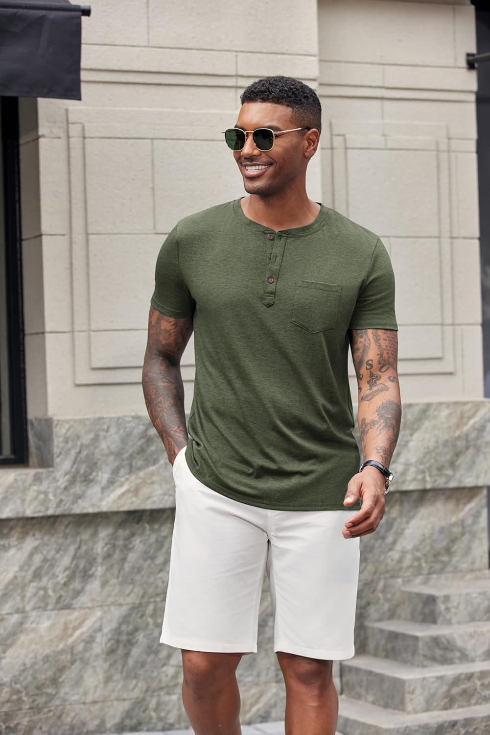 imageCOOFANDY Mens Short Sleeve Henley TShirtArmy Green
