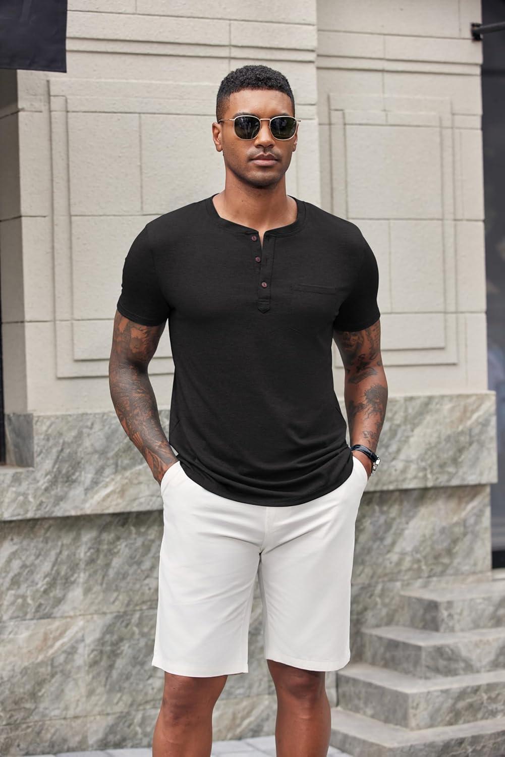imageCOOFANDY Mens Short Sleeve Henley TShirtBlack