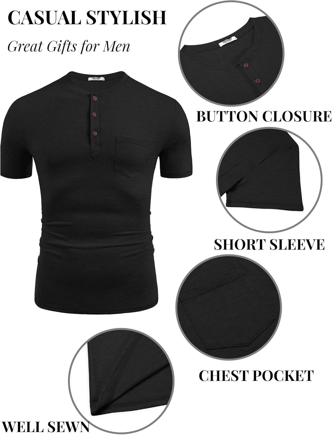 imageCOOFANDY Mens Short Sleeve Henley TShirtBlack