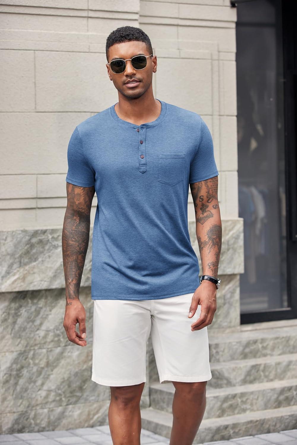 imageCOOFANDY Mens Short Sleeve Henley TShirtBlue
