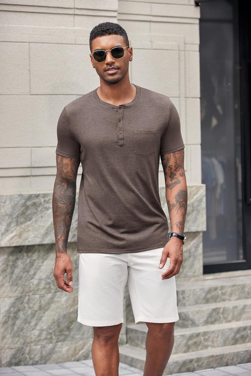 imageCOOFANDY Mens Short Sleeve Henley TShirtBrown