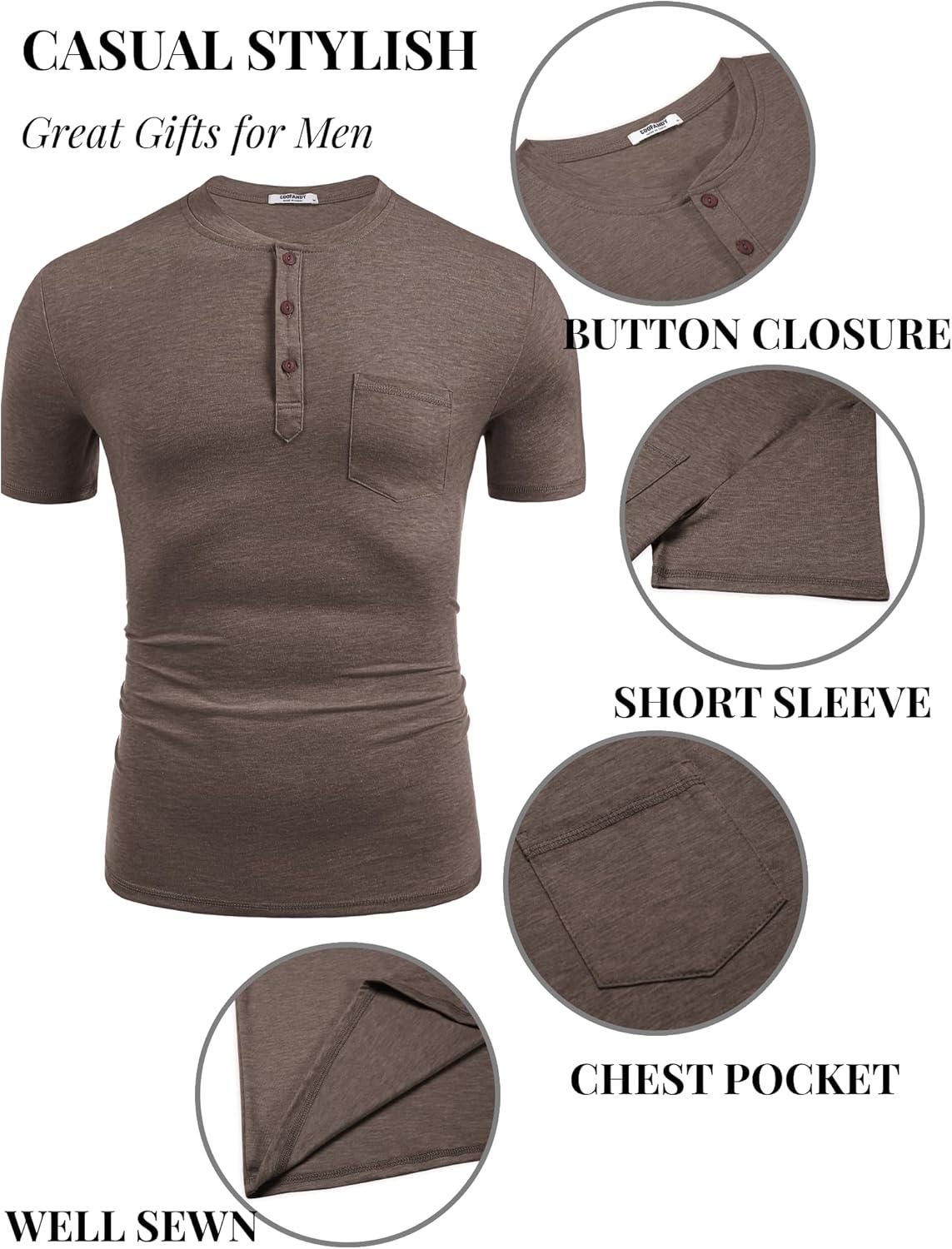 imageCOOFANDY Mens Short Sleeve Henley TShirtBrown