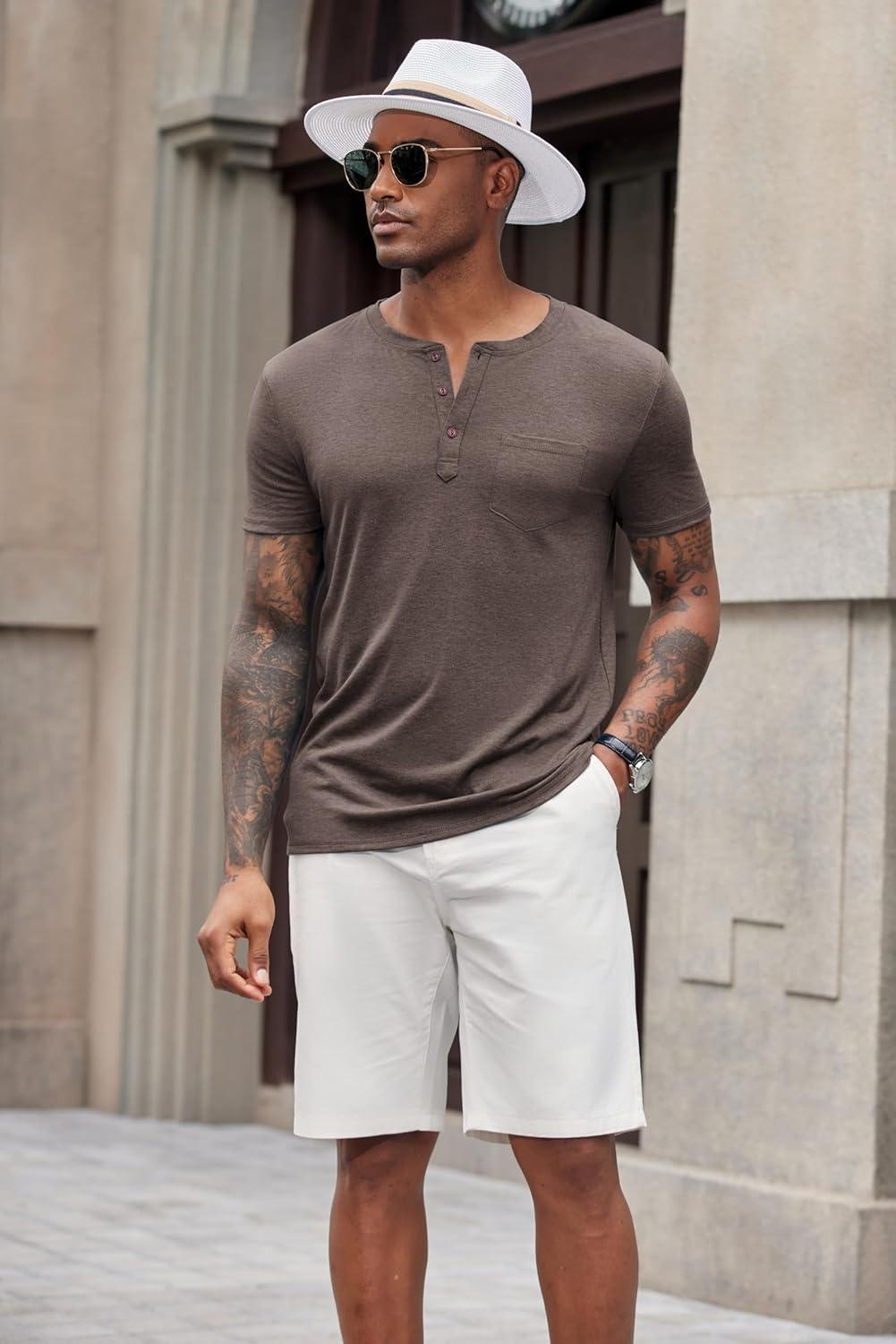 imageCOOFANDY Mens Short Sleeve Henley TShirtBrown